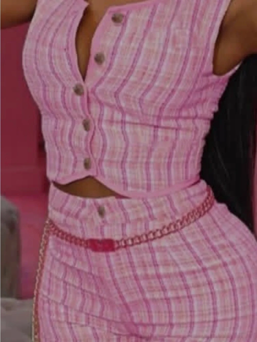 Pink Plaid Two-Piece Crop Top & High-Waist Shorts Set